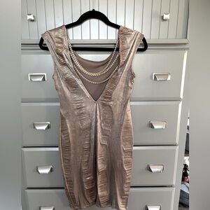 2B midi tan with gold pattern party dress